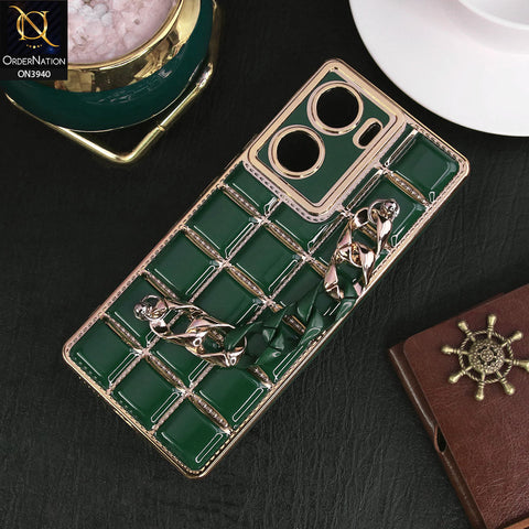 Vivo V29e Cover - Dark Green - 3D Electroplating Square Grid Design Soft TPU Case With Chain Holder