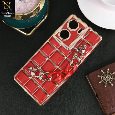 Vivo V29e Cover - Red - 3D Electroplating Square Grid Design Soft TPU Case With Chain Holder