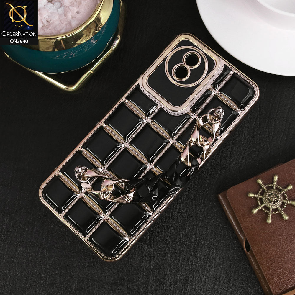Vivo Y02t Cover - Black - 3D Electroplating Square Grid Design Soft TPU Case With Chain Holder