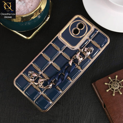 Vivo Y11 2023 Cover - Blue - 3D Electroplating Square Grid Design Soft TPU Case With Chain Holder