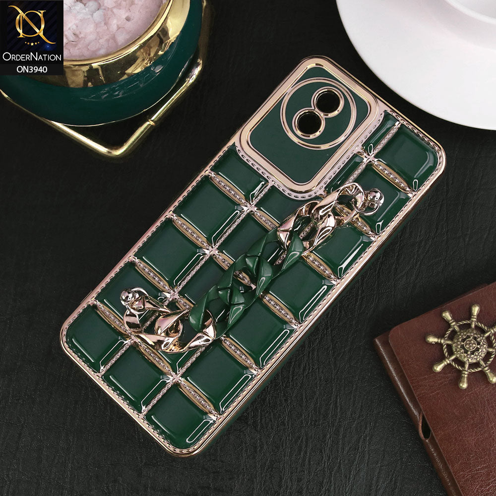 Vivo Y02A Cover - Dark Green - 3D Electroplating Square Grid Design Soft TPU Case With Chain Holder