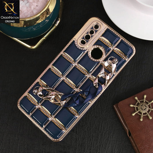 Vivo Y15 Cover - Blue - 3D Electroplating Square Grid Design Soft TPU Case With Chain Holder