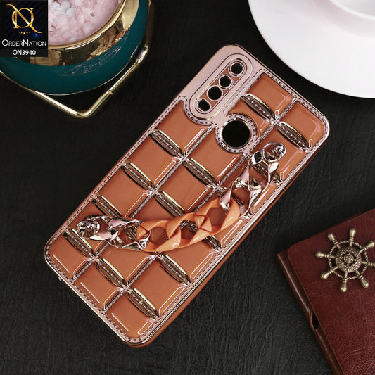 Vivo Y12 Cover - Brown - 3D Electroplating Square Grid Design Soft TPU Case With Chain Holder