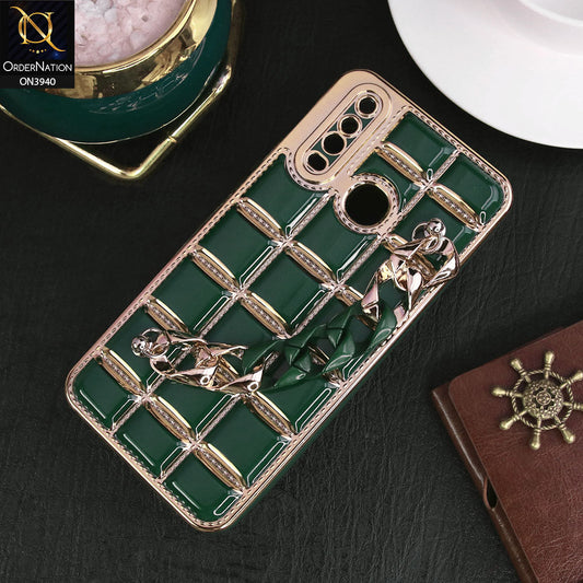 Vivo Y12 Cover - Dark Green - 3D Electroplating Square Grid Design Soft TPU Case With Chain Holder