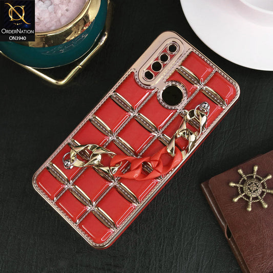Vivo Y15 Cover - Red - 3D Electroplating Square Grid Design Soft TPU Case With Chain Holder