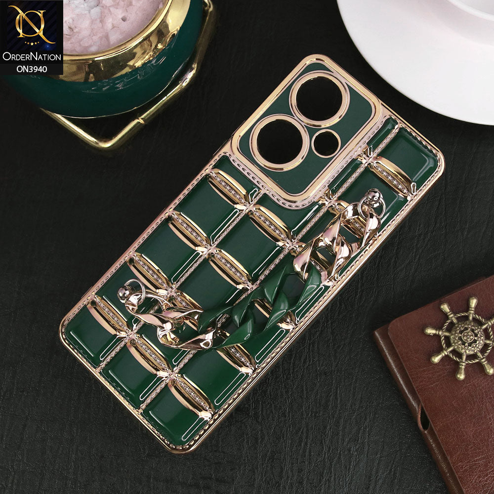 Vivo Y27 Cover - Dark Green - 3D Electroplating Square Grid Design Soft TPU Case With Chain Holder