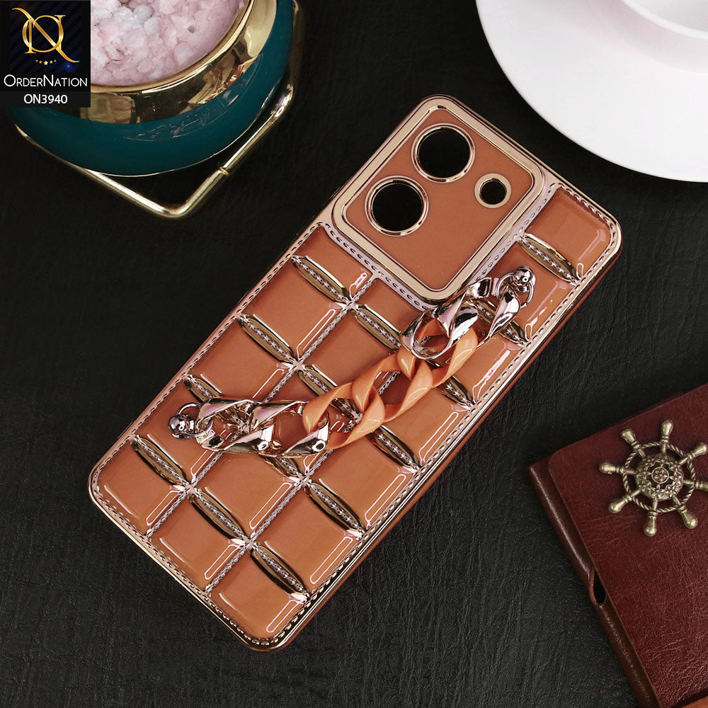 Vivo Y36 4G Cover - Brown - 3D Electroplating Square Grid Design Soft TPU Case With Chain Holder
