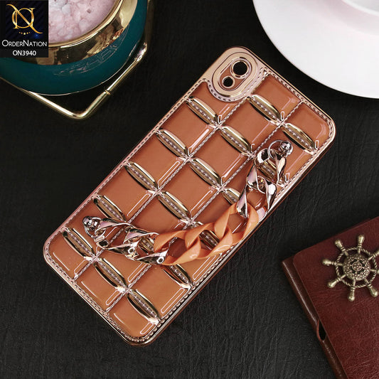 Vivo Y90 Cover - Brown - 3D Electroplating Square Grid Design Soft TPU Case With Chain Holder