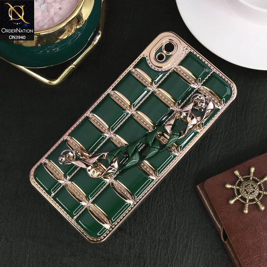 Vivo Y90 Cover - Dark Green - 3D Electroplating Square Grid Design Soft TPU Case With Chain Holder