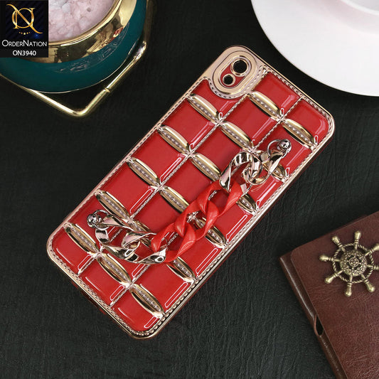 Vivo Y90 Cover - Red - 3D Electroplating Square Grid Design Soft TPU Case With Chain Holder