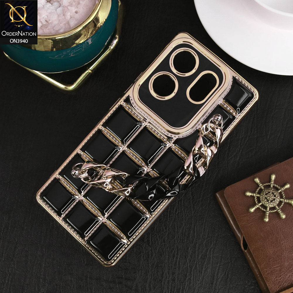 Infinix Zero 30 Cover - Black - 3D Electroplating Square Grid Design Soft TPU Case With Chain Holder