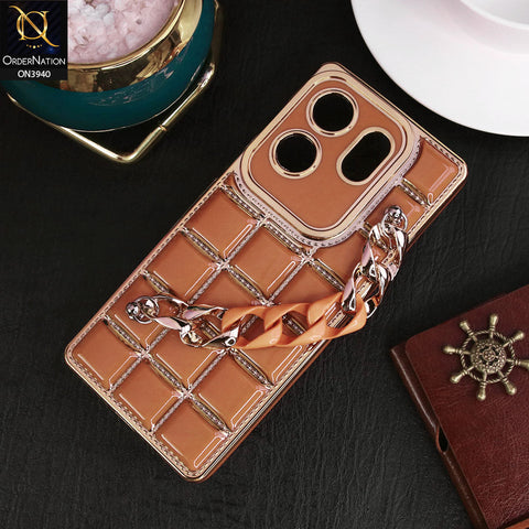 Infinix Zero 30 Cover - Brown - 3D Electroplating Square Grid Design Soft TPU Case With Chain Holder
