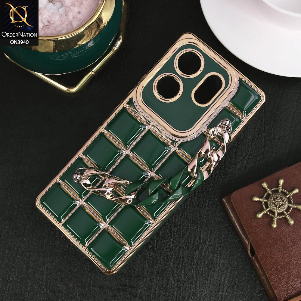 Infinix Zero 30 Cover - Dark Green - 3D Electroplating Square Grid Design Soft TPU Case With Chain Holder