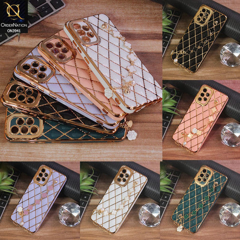 Vivo Y21 Cover - White -  Soft TPU Shiny Electroplated Golden Lines Camera Protection Case With Flower Chain Holder