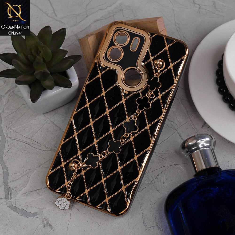 Xiaomi Redmi A1 Plus Cover - Black -  Soft TPU Shiny Electroplated Golden Lines Camera Protection Case With Flower Chain Holder