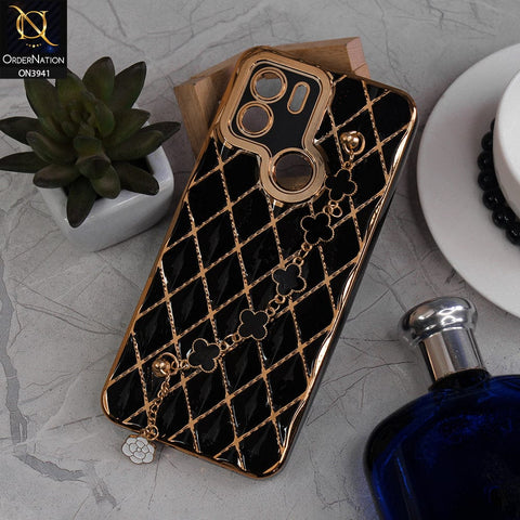 Xiaomi Redmi A1 Plus Cover - Black -  Soft TPU Shiny Electroplated Golden Lines Camera Protection Case With Flower Chain Holder
