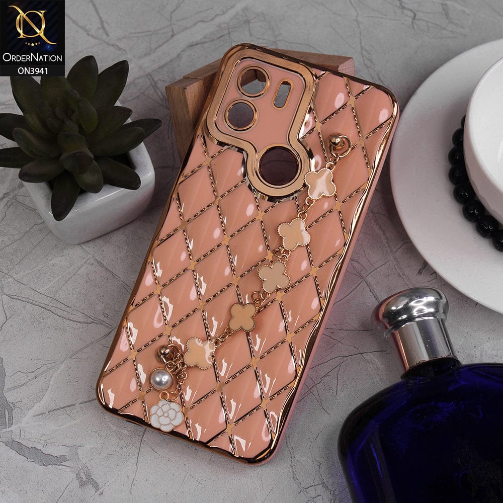 Xiaomi Redmi A1 Plus Cover - Pink -  Soft TPU Shiny Electroplated Golden Lines Camera Protection Case With Flower Chain Holder