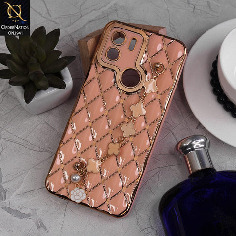 Xiaomi Redmi A1 Plus Cover - Pink -  Soft TPU Shiny Electroplated Golden Lines Camera Protection Case With Flower Chain Holder