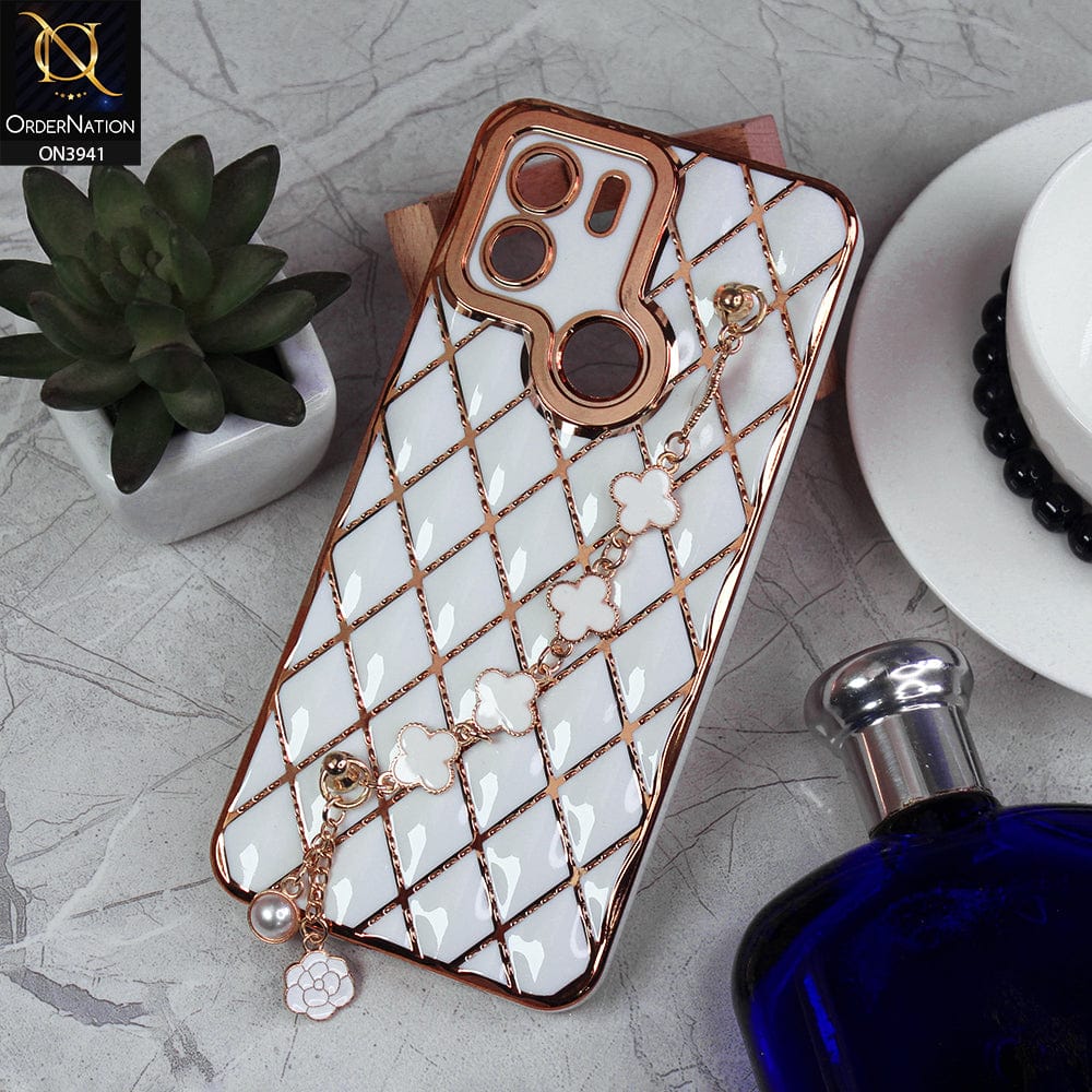 Xiaomi Redmi A1 Plus Cover - White -  Soft TPU Shiny Electroplated Golden Lines Camera Protection Case With Flower Chain Holder