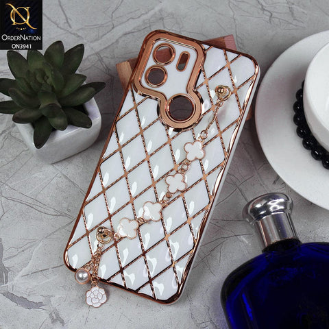 Xiaomi Redmi A1 Plus Cover - White -  Soft TPU Shiny Electroplated Golden Lines Camera Protection Case With Flower Chain Holder