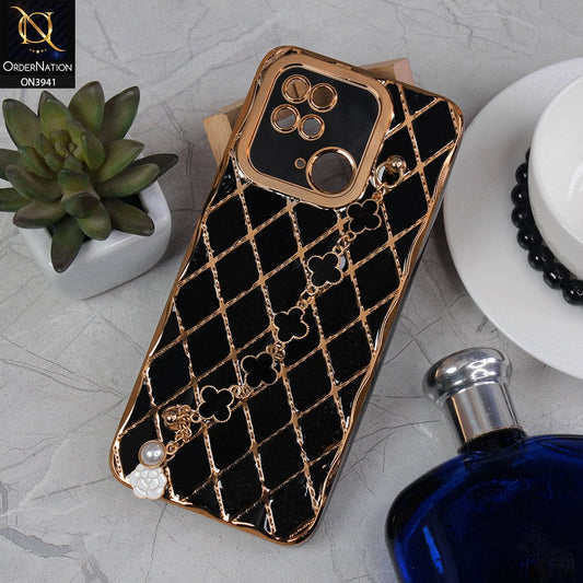 Xiaomi Redmi 10C Cover - Black -  Soft TPU Shiny Electroplated Golden Lines Camera Protection Case With Flower Chain Holder