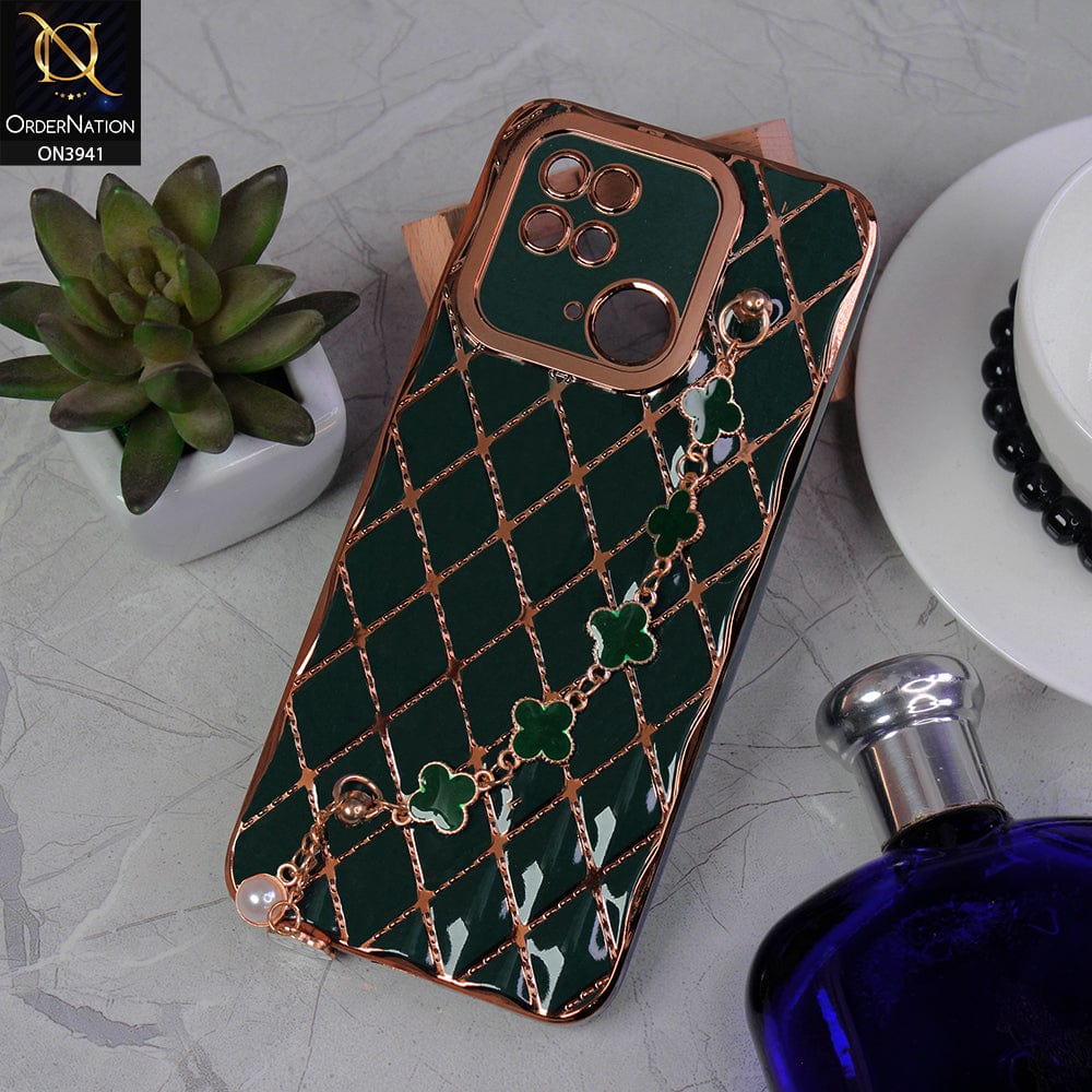 Xiaomi Redmi 10C Cover - Green -  Soft TPU Shiny Electroplated Golden Lines Camera Protection Case With Flower Chain Holder