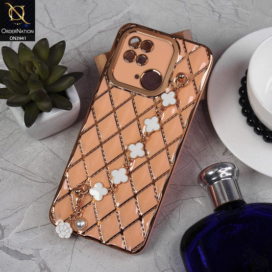 Xiaomi Redmi 10C Cover - Pink -  Soft TPU Shiny Electroplated Golden Lines Camera Protection Case With Flower Chain Holder