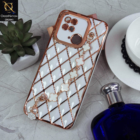 Xiaomi Redmi 10C Cover - White -  Soft TPU Shiny Electroplated Golden Lines Camera Protection Case With Flower Chain Holder