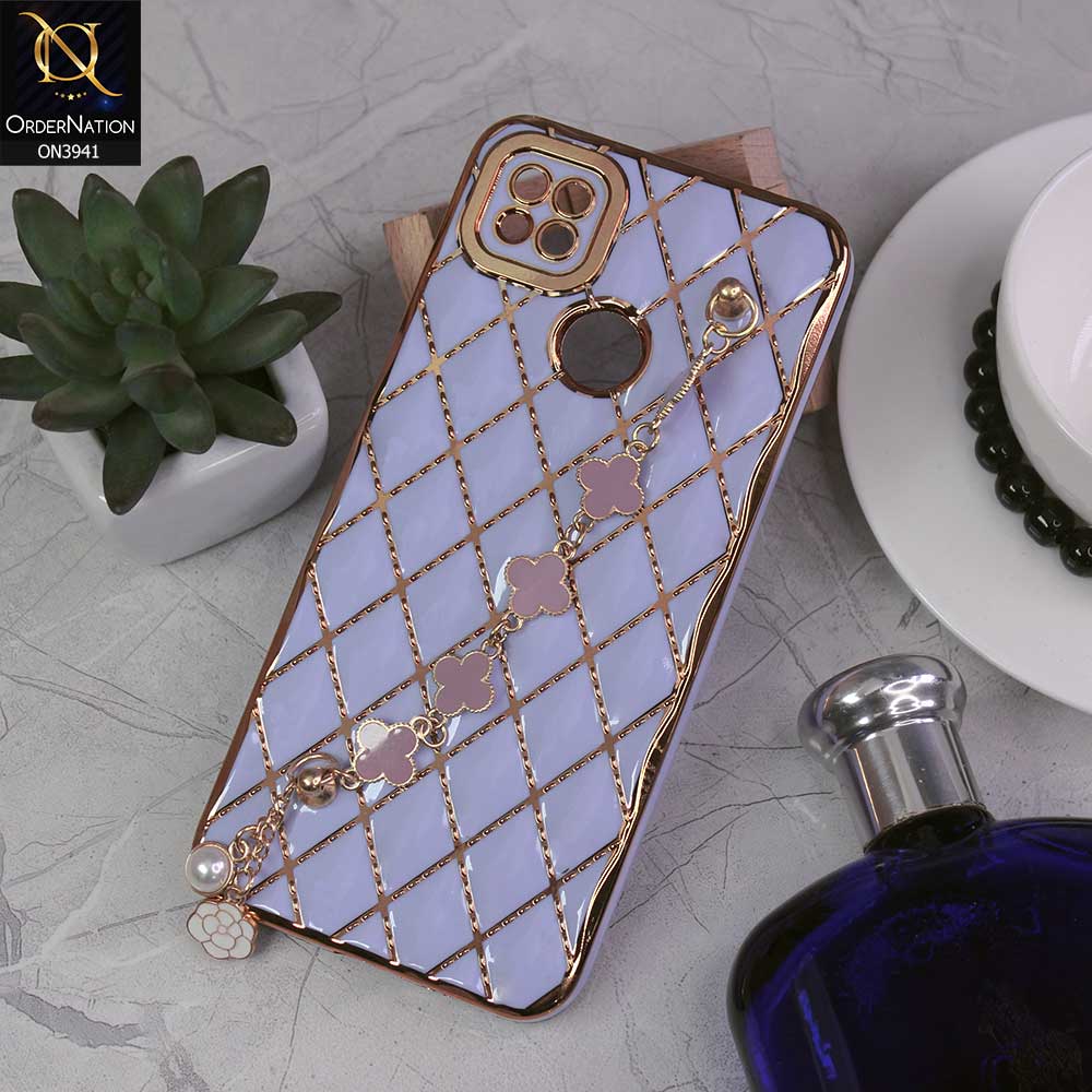 Xiaomi Redmi 9C Cover - Purple -  Soft TPU Shiny Electroplated Golden Lines Camera Protection Case With Flower Chain Holder