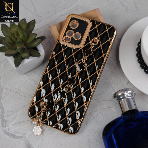 Vivo Y21e Cover - Black -  Soft TPU Shiny Electroplated Golden Lines Camera Protection Case With Flower Chain Holder