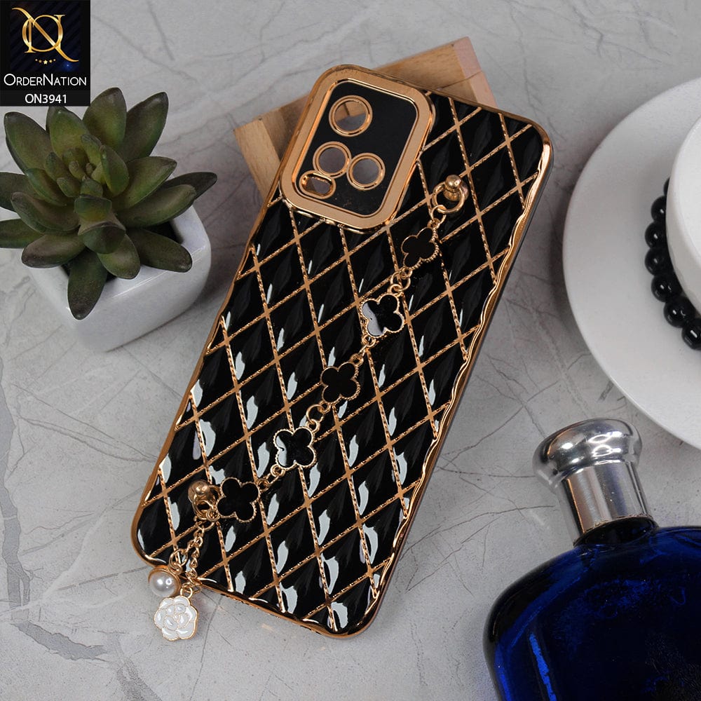 Vivo Y21s Cover - Black -  Soft TPU Shiny Electroplated Golden Lines Camera Protection Case With Flower Chain Holder