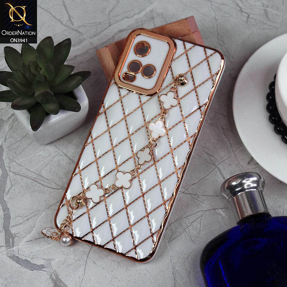 Vivo Y21s Cover - White -  Soft TPU Shiny Electroplated Golden Lines Camera Protection Case With Flower Chain Holder
