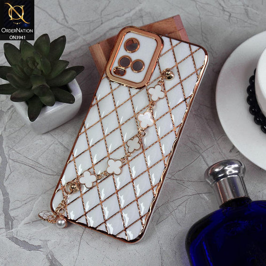 vivo Y33t Cover - White -  Soft TPU Shiny Electroplated Golden Lines Camera Protection Case With Flower Chain Holder