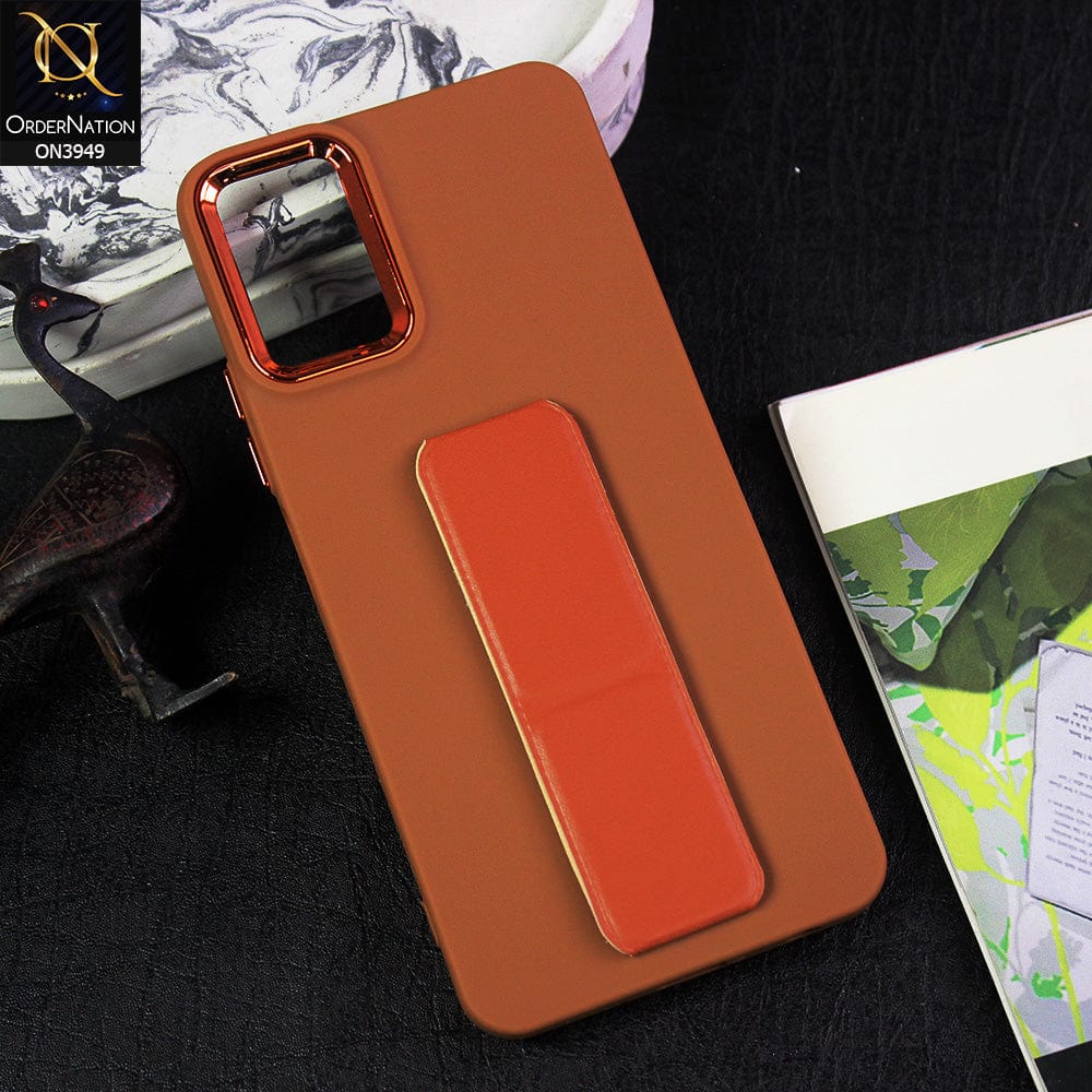 Vivo Y21e Cover - Brown - All New Colored Soft Silicone Case With Protective Mobile Stand and Electroplating camera Ring
