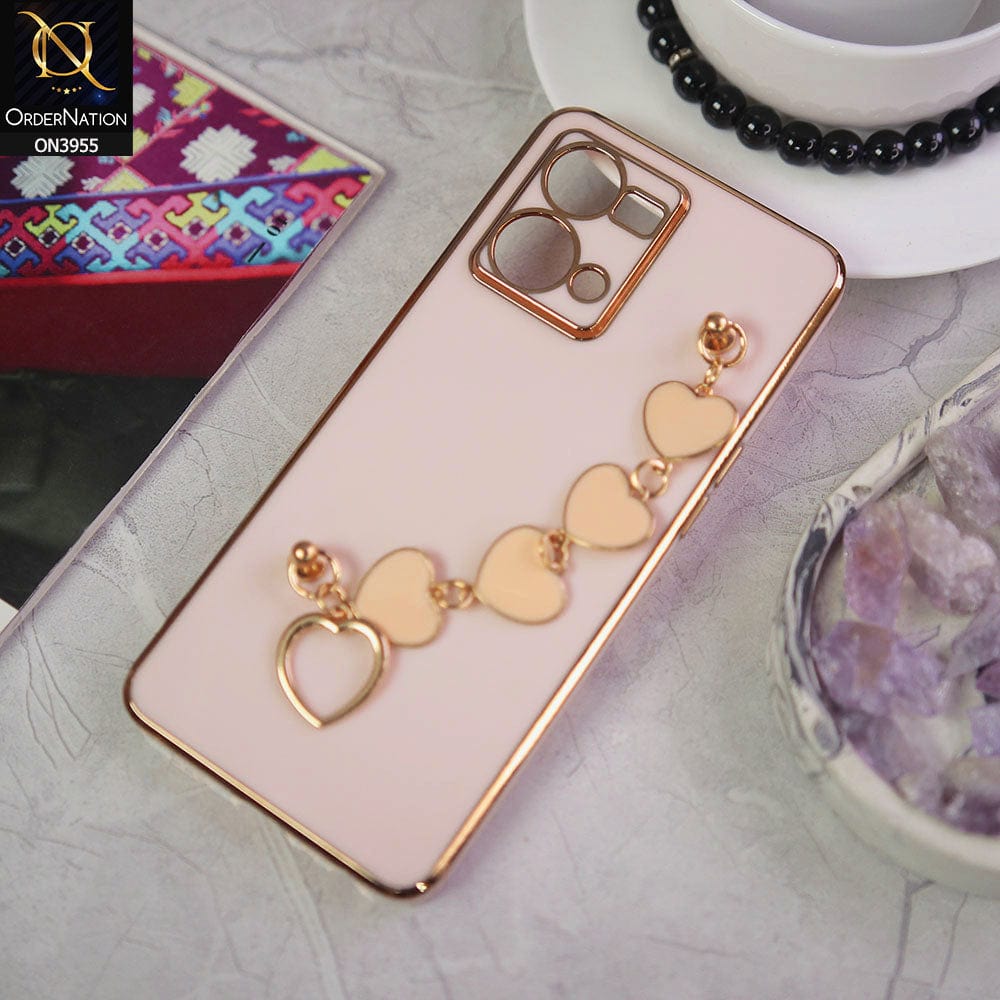 Oppo Reno 7 4G Cover - Pink - New Electroplated Soft Silicone Camera Protection Case With Heart Chain Holder