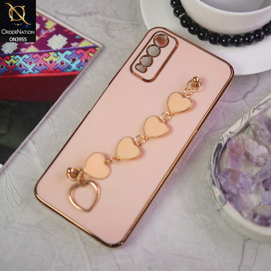 Vivo Y20i Cover - Pink - New Electroplated Soft Silicone Camera Protection Case With Heart Chain Holder