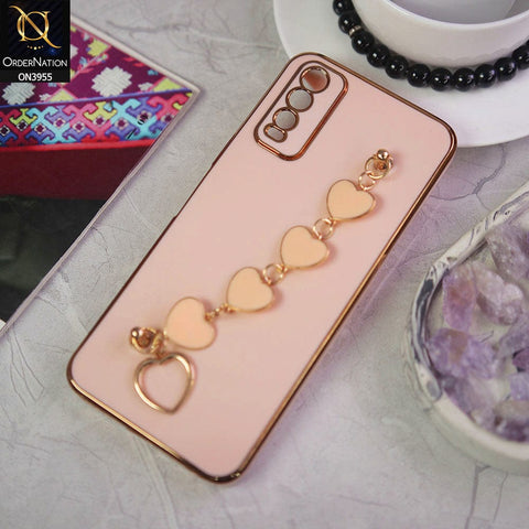Vivo Y20i Cover - Pink - New Electroplated Soft Silicone Camera Protection Case With Heart Chain Holder