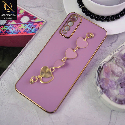 Vivo Y20s Cover - Purple - New Electroplated Soft Silicone Camera Protection Case With Heart Chain Holder