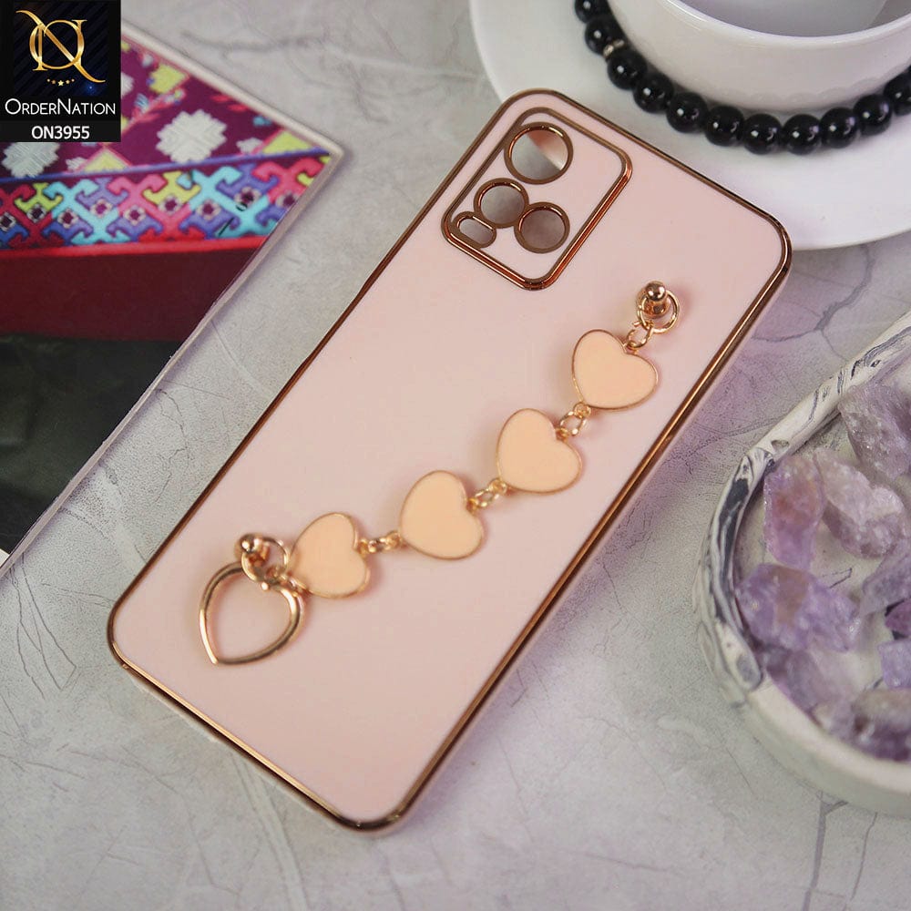 Vivo Y21a Cover - Pink - New Electroplated Soft Silicone Camera Protection Case With Heart Chain Holder