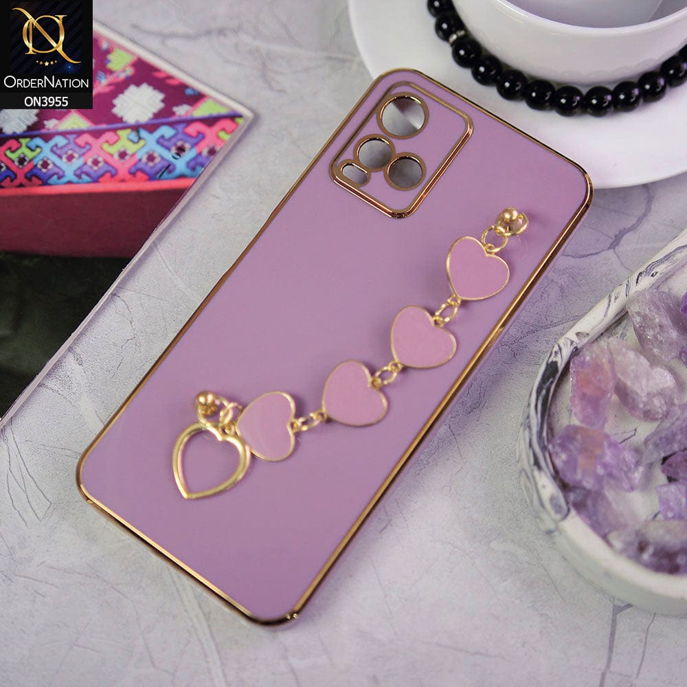 Vivo Y21s Cover - Purple - New Electroplated Soft Silicone Camera Protection Case With Heart Chain Holder