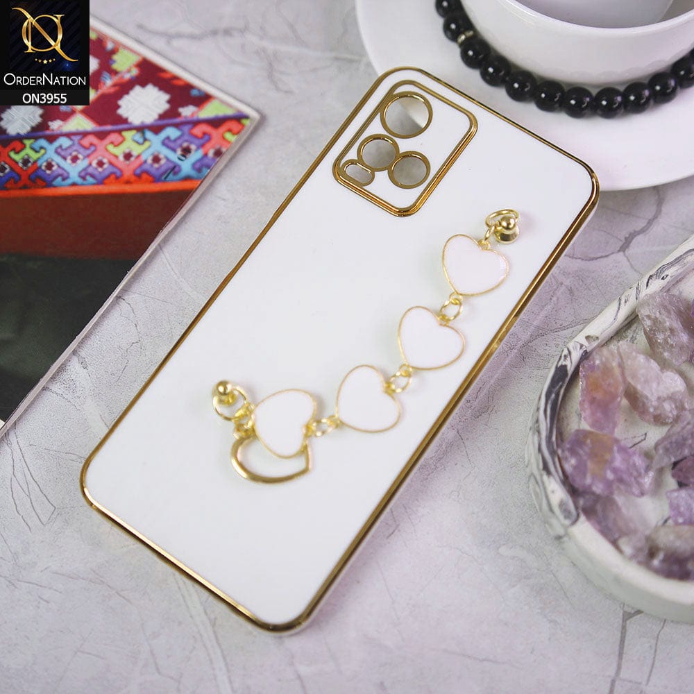Vivo Y21s Cover - White - New Electroplated Soft Silicone Camera Protection Case With Heart Chain Holder