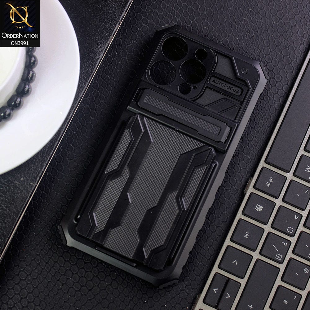 iPhone 13 Pro Max Cover - Black - Hybrid Series Soft Borders Semi Hard Back Shock Proof Kick Stand Case With Card Holder