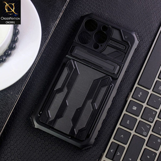 iPhone 13 Pro Max Cover - Black - Hybrid Series Soft Borders Semi Hard Back Shock Proof Kick Stand Case With Card Holder