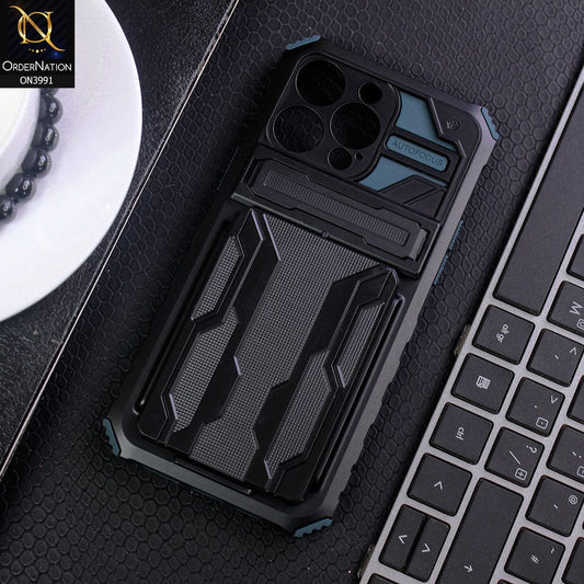 iPhone 13 Pro Max Cover - Green - Hybrid Series Soft Borders Semi Hard Back Shock Proof Kick Stand Case With Card Holder