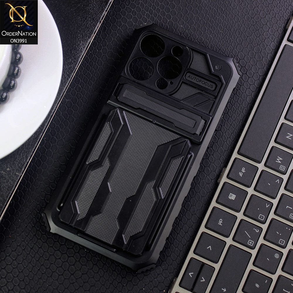 iPhone 14 Pro Max Cover - Black - Hybrid Series Soft Borders Semi Hard Back Shock Proof Kick Stand Case With Card Holder