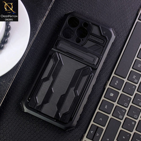 iPhone 14 Pro Max Cover - Black - Hybrid Series Soft Borders Semi Hard Back Shock Proof Kick Stand Case With Card Holder