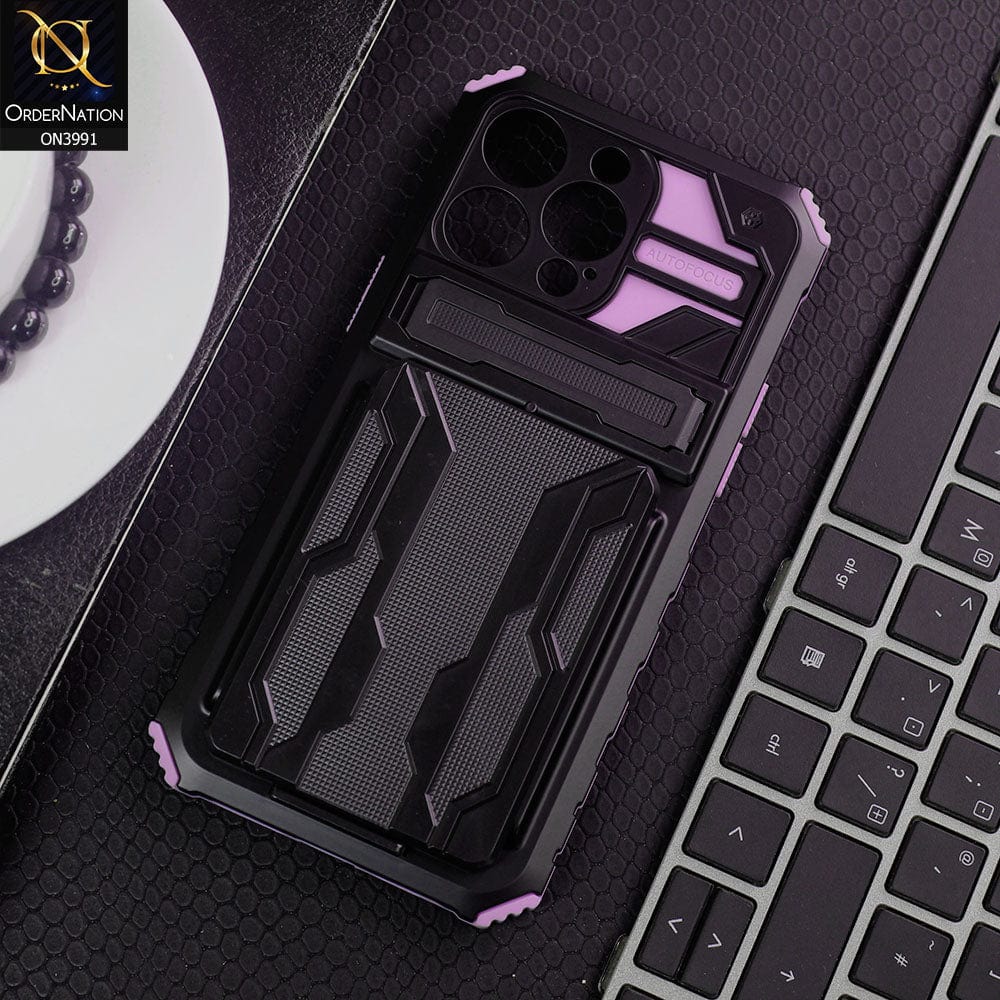 iPhone 14 Pro Max Cover - Purple - Hybrid Series Soft Borders Semi Hard Back Shock Proof Kick Stand Case With Card Holder