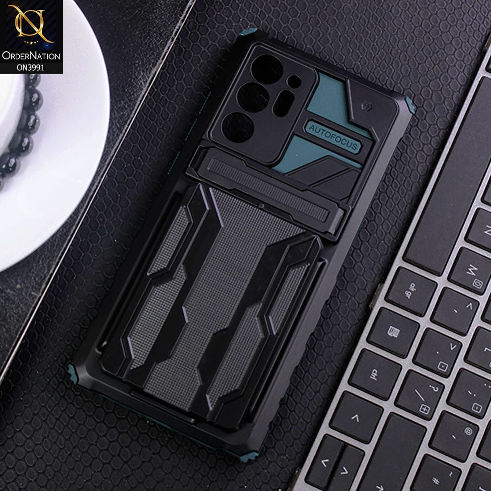 Samsung Galaxy Note 20 Ultra Cover - Green - Hybrid Series Soft Borders Semi Hard Back Shock Proof Kick Stand Case With Card Holder