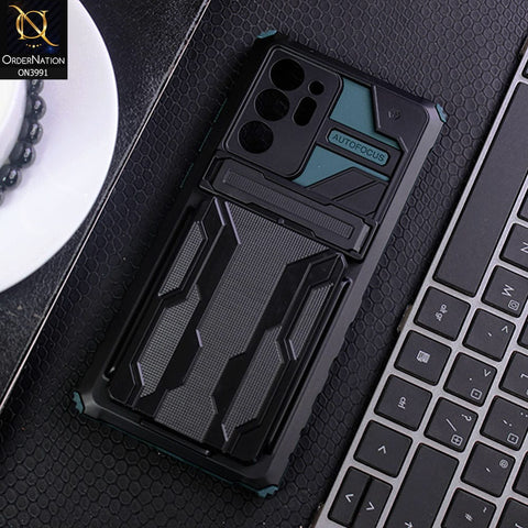 Samsung Galaxy Note 20 Ultra Cover - Green - Hybrid Series Soft Borders Semi Hard Back Shock Proof Kick Stand Case With Card Holder