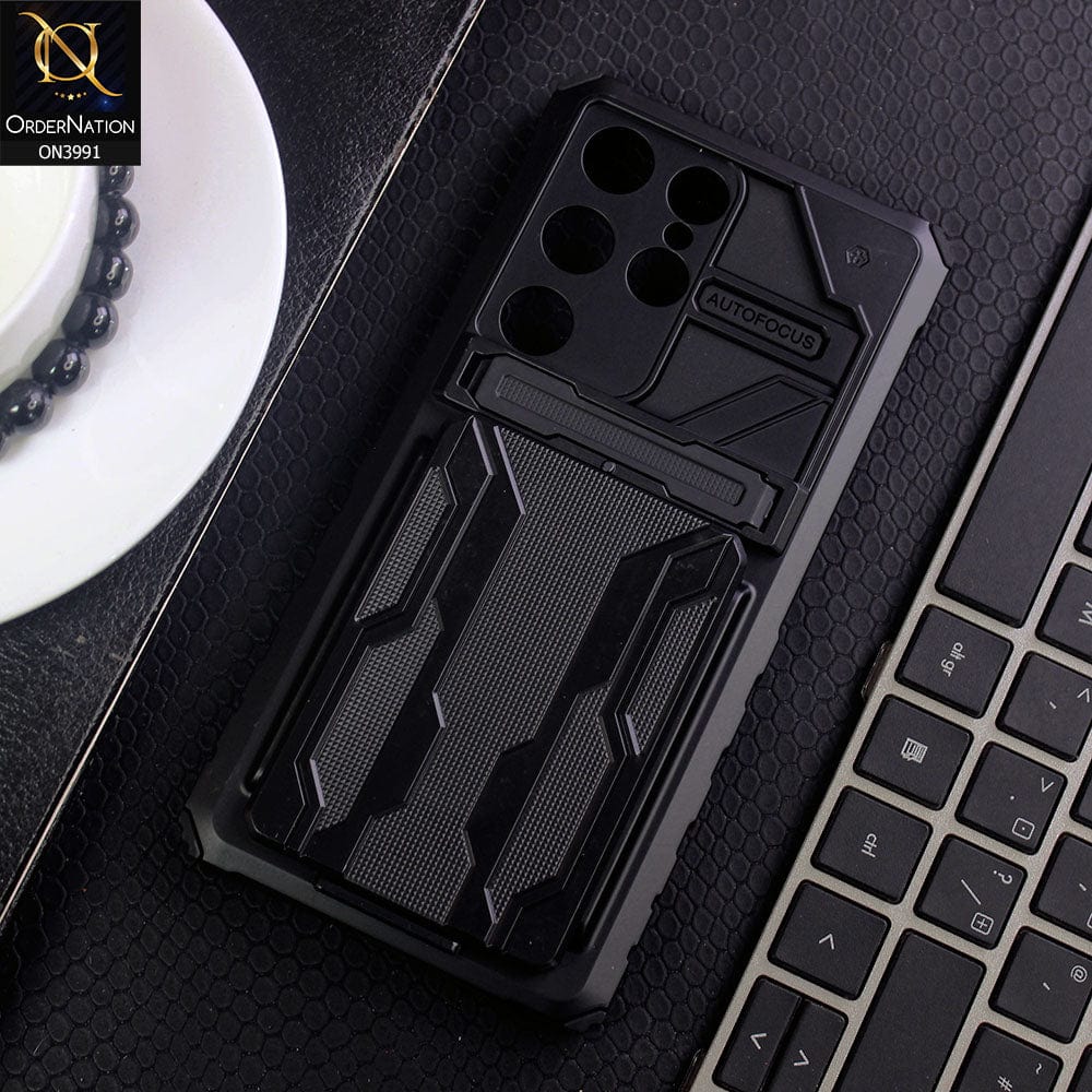 Samsung Galaxy S23 Ultra 5G Cover - Black - Hybrid Series Soft Borders Semi Hard Back Shock Proof Kick Stand Case With Card Holder